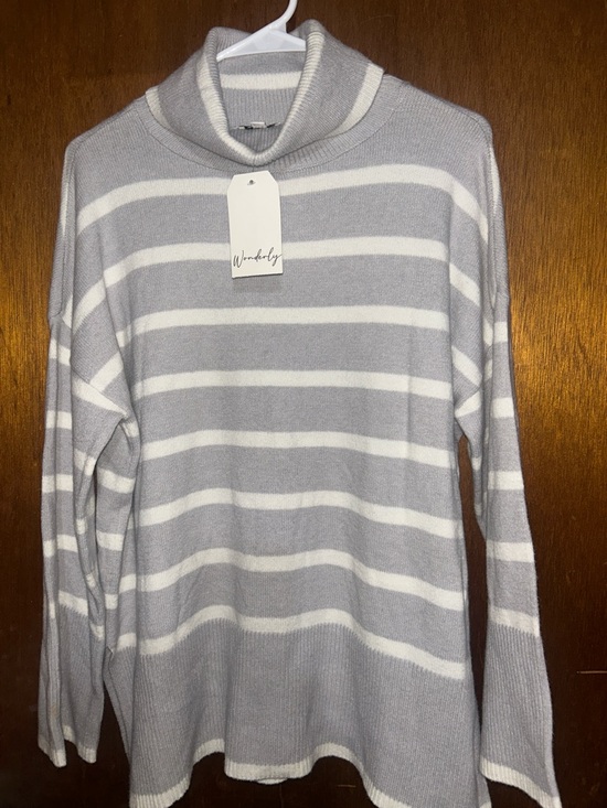 Wonderly Sweaters - Wonderly Light Gray & White Striped Turtleneck Sweater